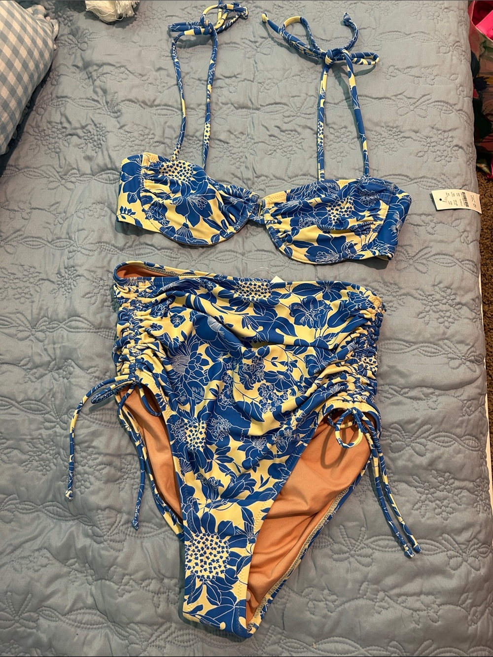 J. Crew Blue and Yellow Floral Two-Piece Swimsuit